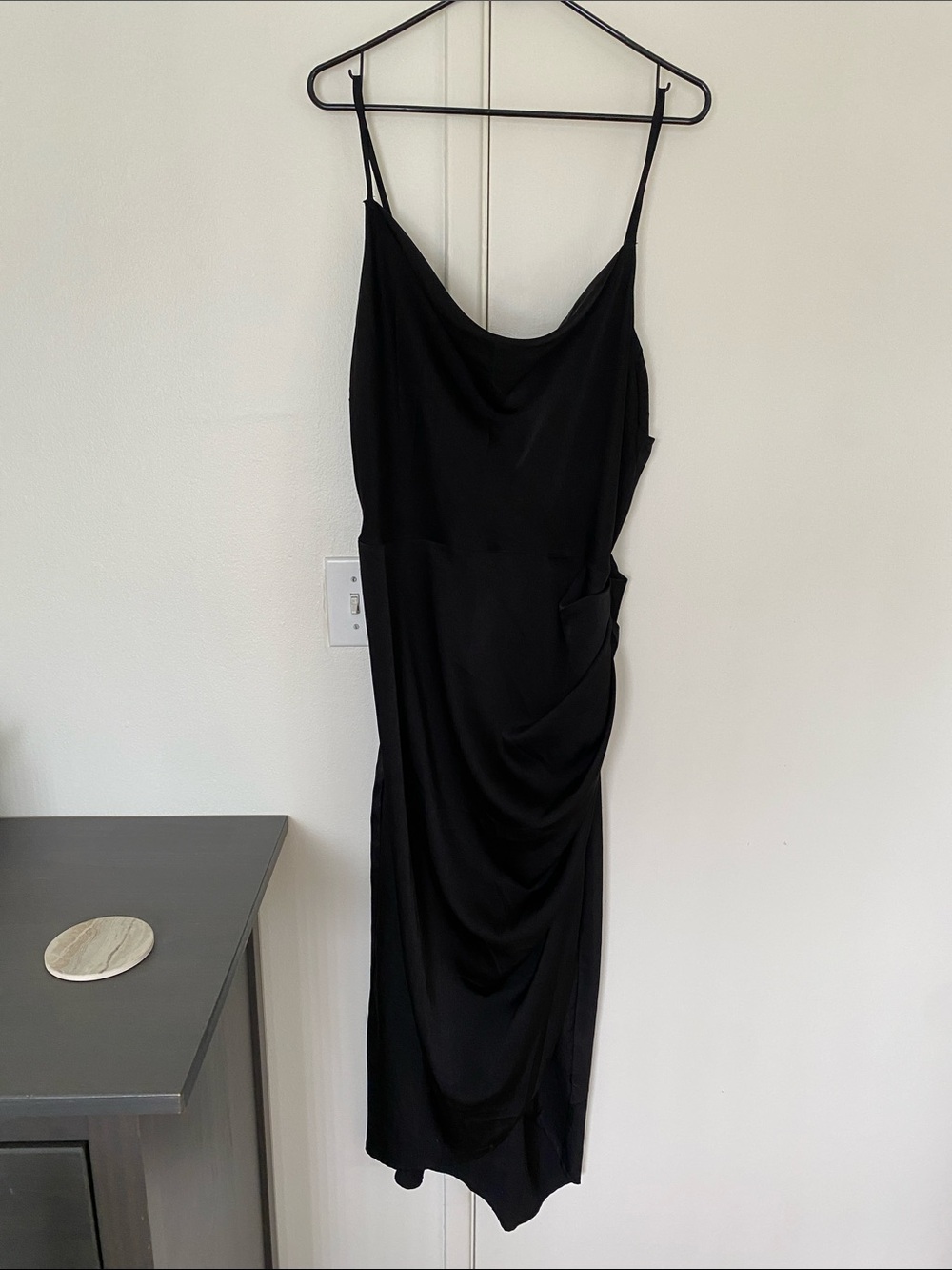 Black Draped Slip Dress with Spaghetti Straps